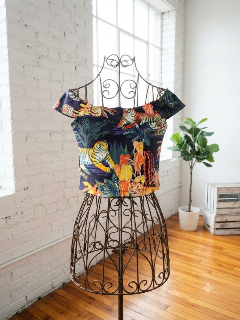 Mauve Navy Tropical Off-Shoulder Crop Top